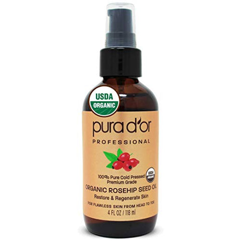 Buy Online High Quality 2.2 PURA D'OR Organic Rosehip Seed Oil (4oz / 118mL) 100% Pure Cold Pressed USDA Certified Organic, All Natural Anti-Aging Moisturizer Treatment for Face, Hair, Skin, 